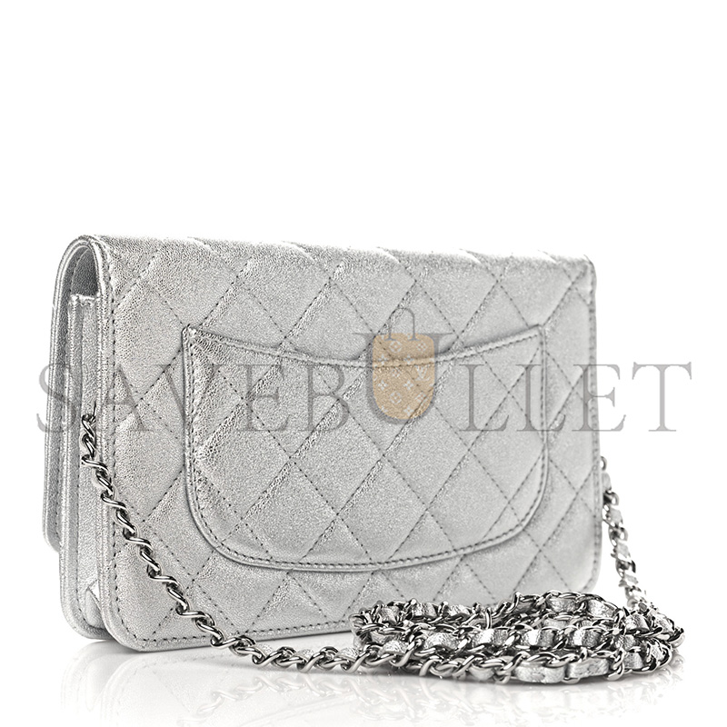 CHANEL METALLIC LAMBSKIN QUILTED WALLET ON CHAIN WOC SILVER AP0250 (19*13*3cm)